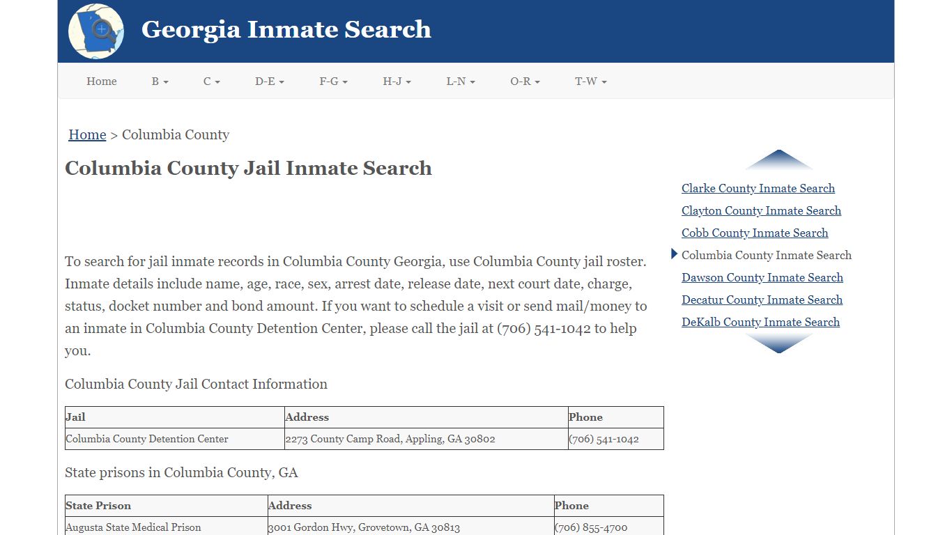 Columbia County Jail Inmate Search